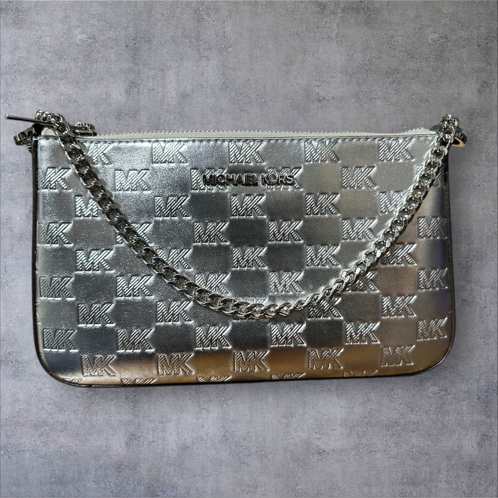 Michael Kors 35F2STU6M Jet Set Travel Medium Zip Pouchette Leather Bag In Silver
